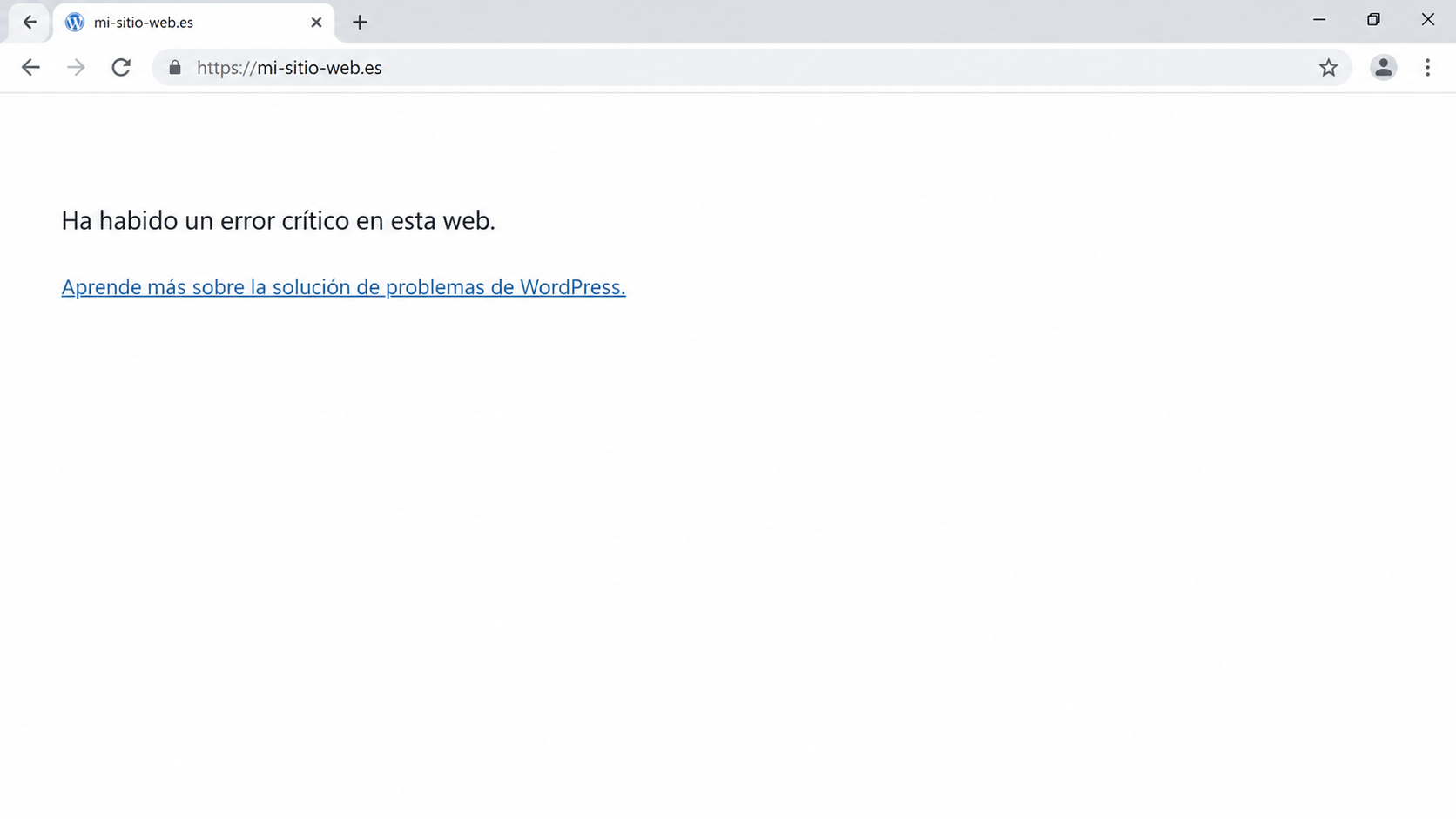 Ejemplo de la pantalla «Ha habido un error crítico en esta web» de WordPress
